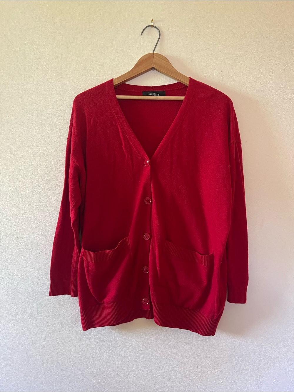 Forever 21 Red V-Neck Buttoned Pocket Cardigan